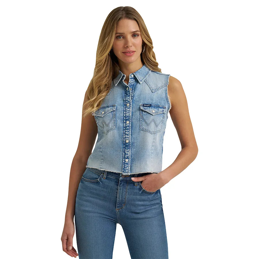 Retro Sleeveless Denim Snap Shirt
