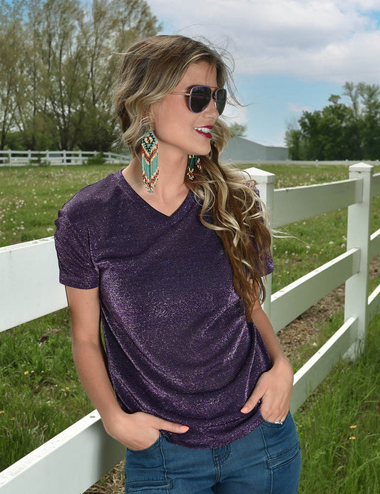 Short sleeve v-neck shimmer top