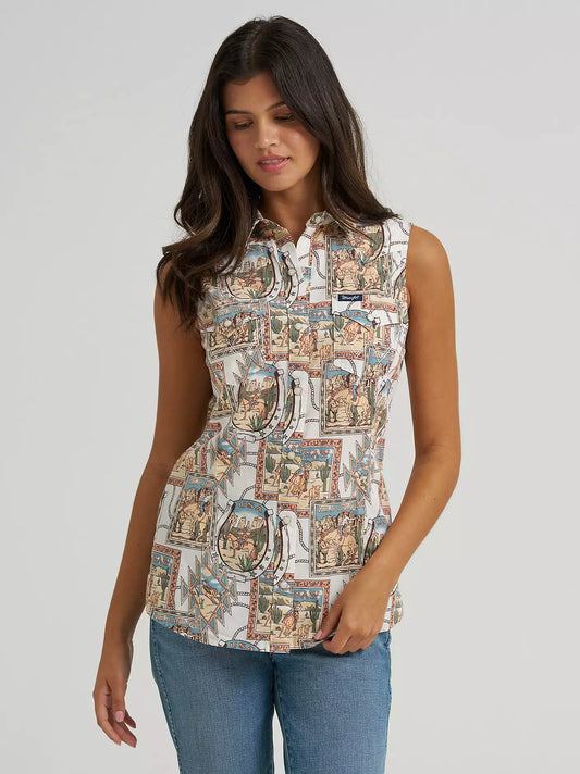 Sleeveless Western Print Shirt