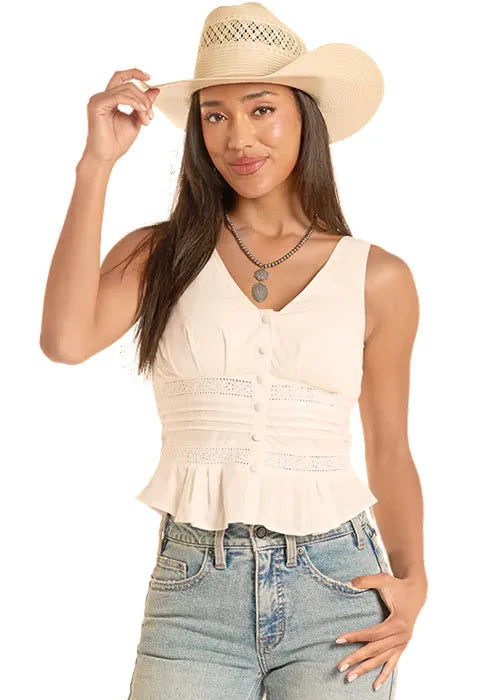 Women's Natural Eyelet Insert Sleeveless Top